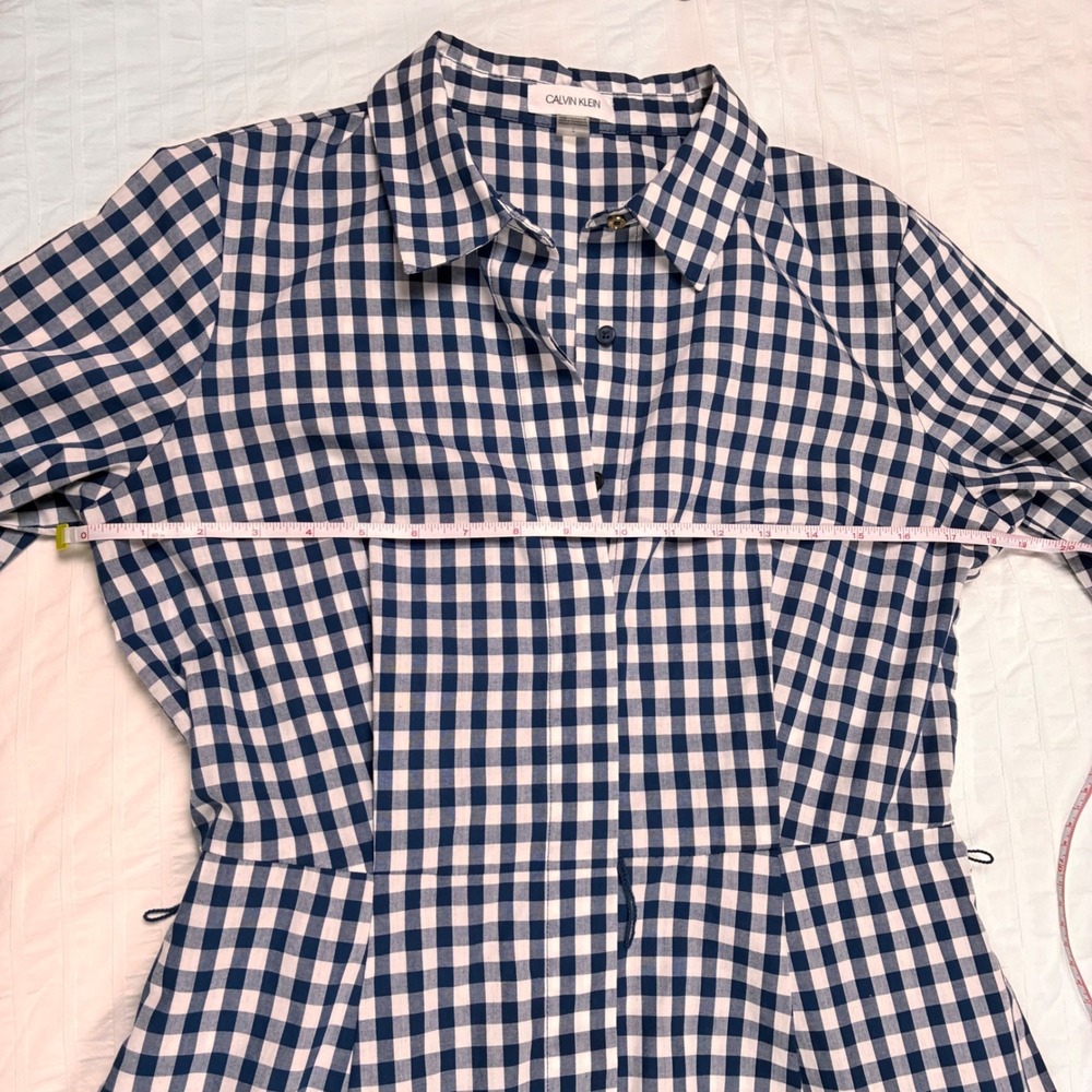 Calvin Klein Shirt Dress Midi Navy Gingham Tiered Short Sleeve Size 6 Picnic - Picture 11 of 12